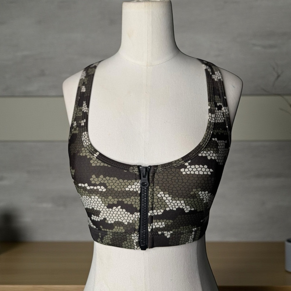 Lorna Jane Camo Zip-Front Sports Bra – High Support Activewear Racerback XXS